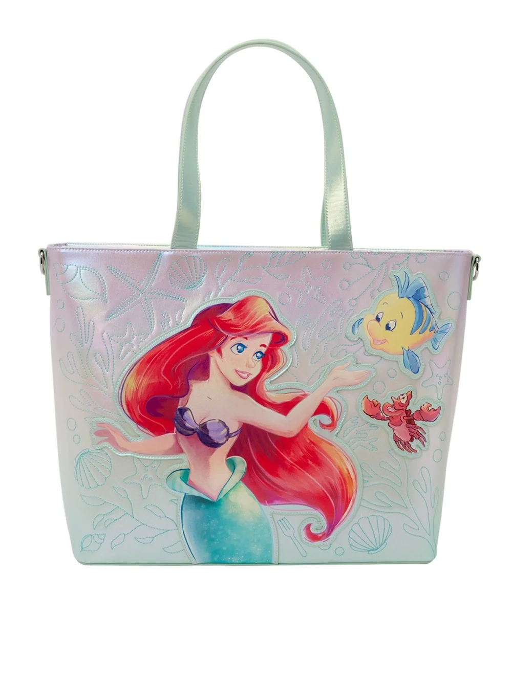 NWT Loungefly Disney Ariel Flounder Sebastian Little Mermaid Iridescent Tote Bag - Picture 2 of 5